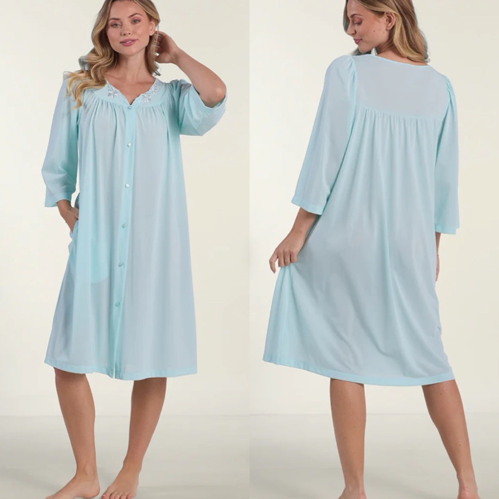 Miss Elaine Tricot Button Robe in Seafoam L